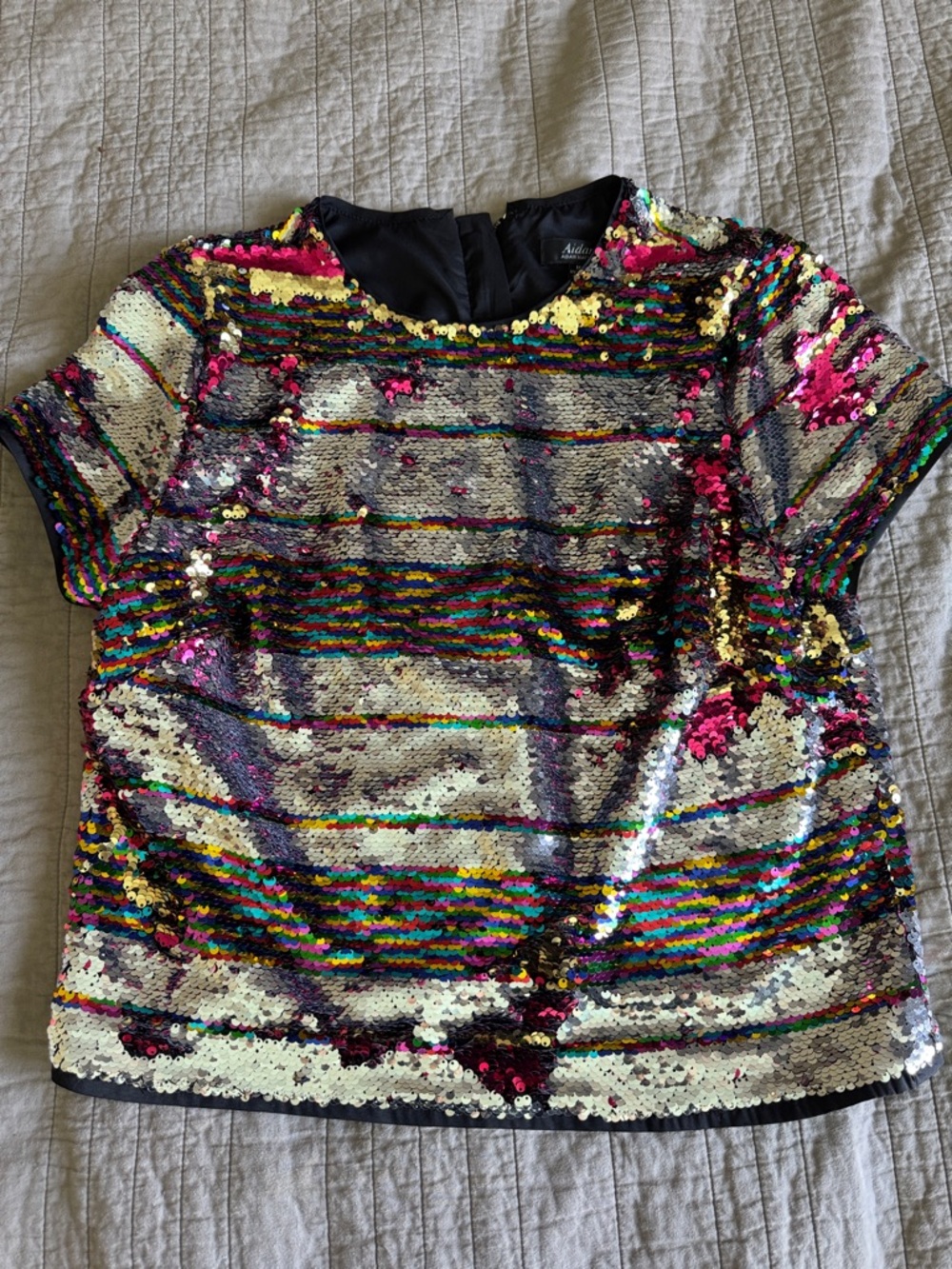Aidan Mattox Rainbow Sequin Crew Neck Top